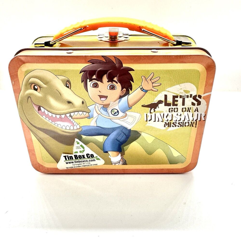 Go Diego Go Dinosaur Mission Metal Lunch‎ Box Nickelodeon 2013 Tin Box Co Yellow